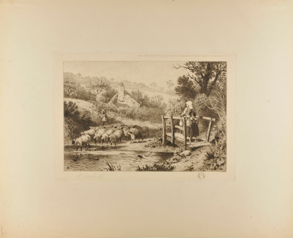 LANDSCAPE WITH BOY DRIVING A FLOCK OF SHEEP INTO A STREAM