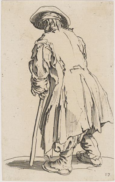 BACK OF BEGGAR WITH LARGE COAT, ON ONE CRUTCH