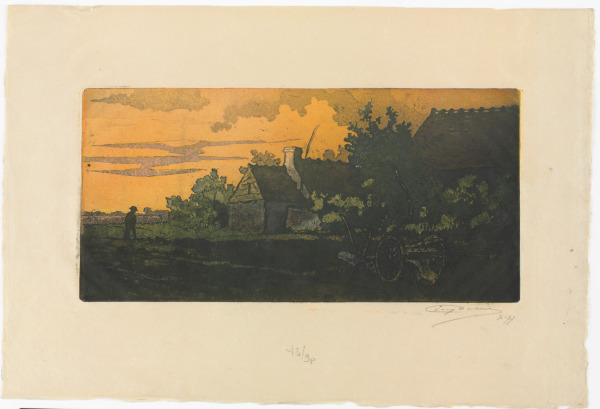 LANDSCAPE AT SUNSET, FARMER AND PLOW