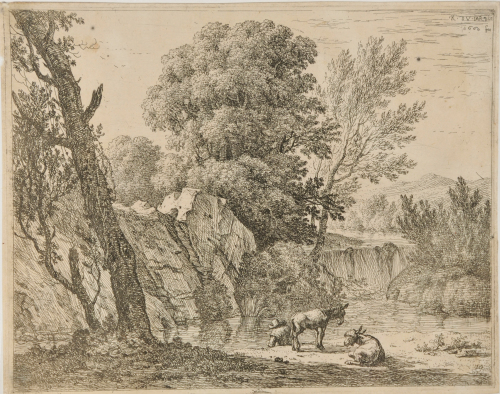 THE LABORER WITH TWO DONKEYS NEAR A RIVER