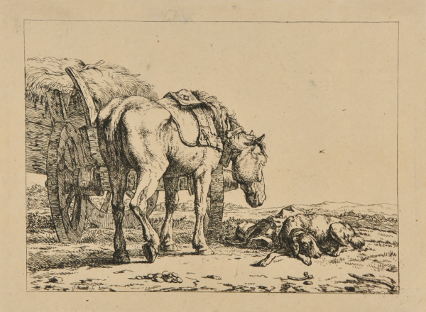 HORSE STANDING BY A HAY CART