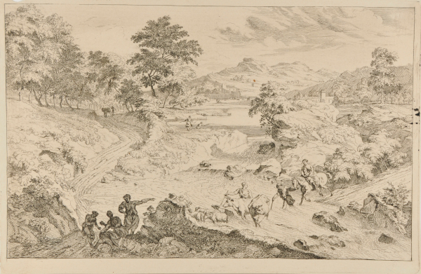 PEASANTS WITH CATTLE FORDING A STREAM