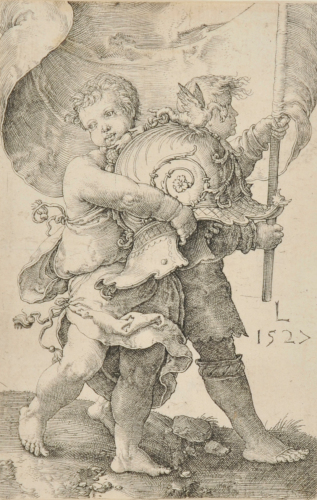 TWO BOYS WITH A HELMET AND A STANDARD