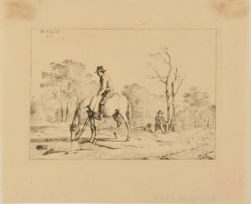 MAN ON HORSEBACK WATERING HIS HORSE