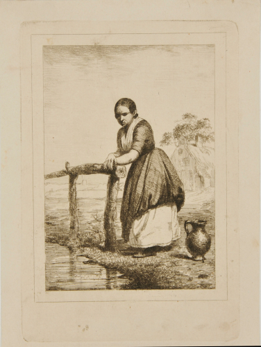 DUTCH PEASANT WOMAN STANDING BY WOODEN RAIL