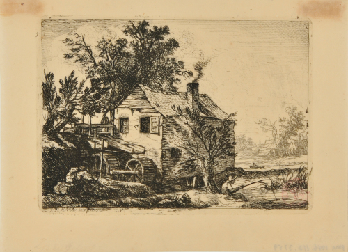 MILL BY THE WATER AND A MAN FISHING