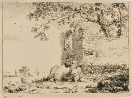 SCENE WITH RUINS AND COW IN FOREGROUND