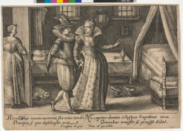 WOMAN LEADING A BLINDFOLDED MAN TO A BED
