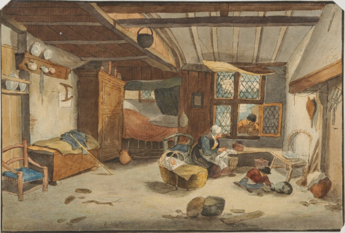 COTTAGE SCENE WITH WOMAN SEWING BY A CRADLE