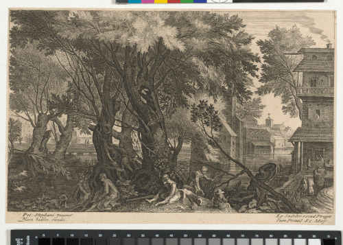 RIVER LANDSCAPE, WITH HUNTERS AND THEIR DOGS IN FOREGROUND