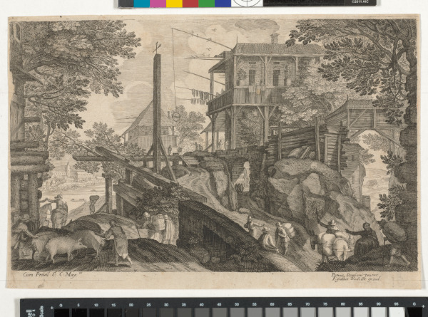 LANDSCAPE WITH MILL, MEN AND ANIMALS IN FOREGROUND