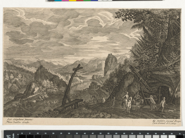 LANDSCAPE, WITH RIDERS APPROACHING A HERMIT ON RIGHT