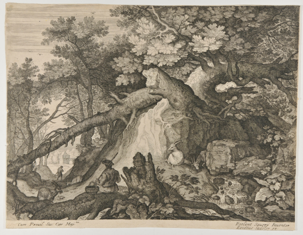 LANDSCAPE, WITH GNARLED TREE AND GOATS