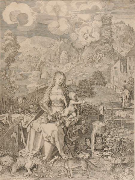 VIRGIN AND CHILD SITTING IN LANDSCAPE