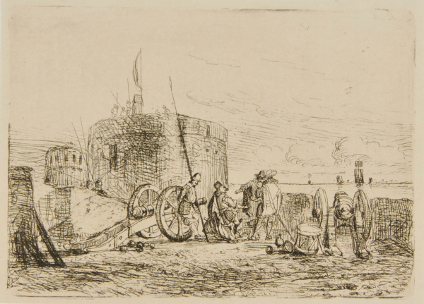 FORT OVERLOOKING SEA WITH MEN STANDING BY CANNON