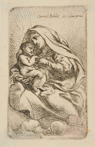 VIRGIN, TURNED TO LEFT, WITH CLOAK OVER HER HEAD, HOLDING CHILD ON HER ARM