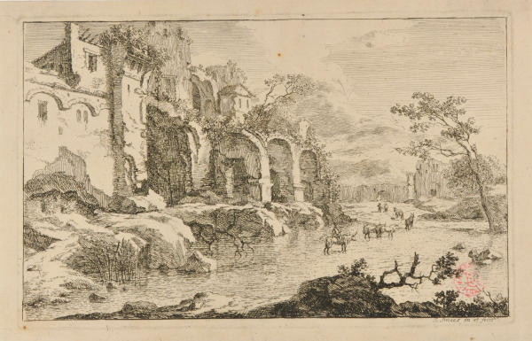 MAN DRIVING CATTLE THROUGH RIVER, RUINED BUILDING ON LEFT