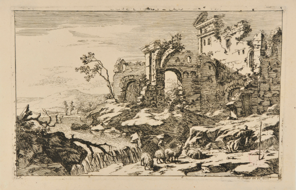 RUINS OF A BUILDING BY A CASCADE, SHEPHERD ASLEEP IN THE FOREGROUND