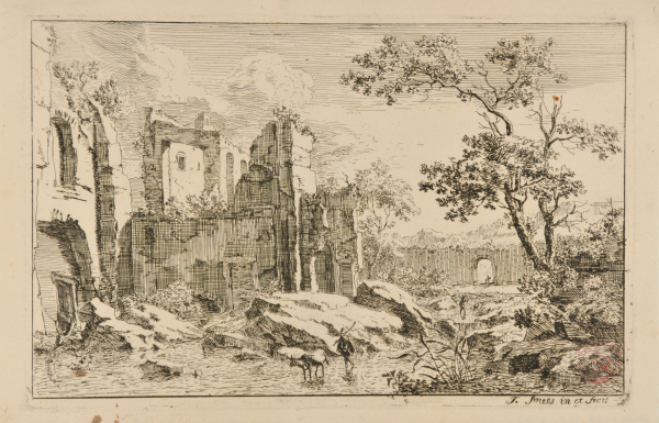 MAN AND OX FORDING A STREAM NEAR SOME RUINS