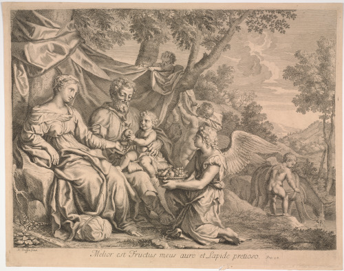 THE HOLY FAMILY IN A LANDSCAPE WITH A KNEELING ANGEL OFFERING A BASKET OF FRUIT