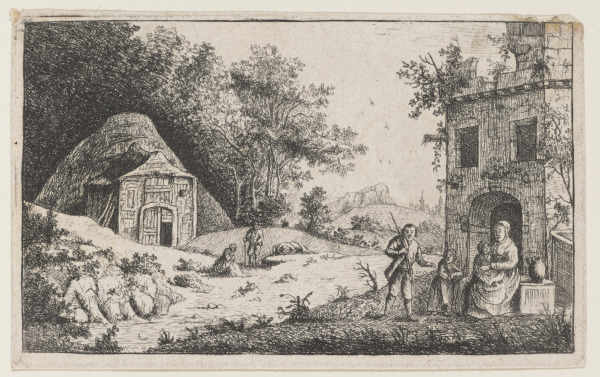 LANDSCAPE WITH PEOPLE RESTING BEFORE OLD HOUSES