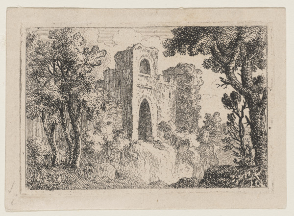 LANDSCAPE WITH CASTLE IN CENTER, TREES IN FOREGROUND