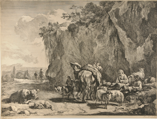 A WOMAN SPINNING AND PEASANTS WITH FLOCK AT FOOT OF CLIFF