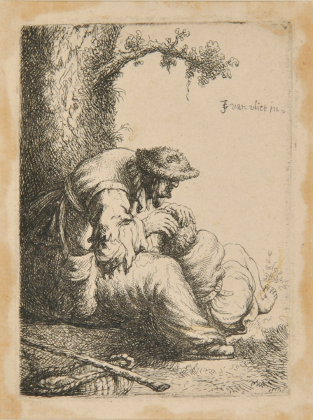 BEGGAR WOMAN FLEAING A BOY