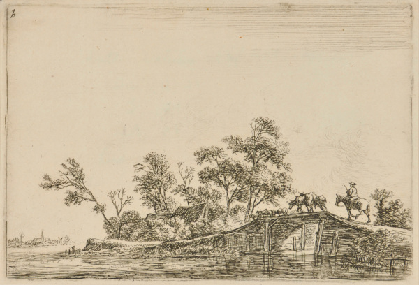 A RIDER AND FLOCK ON A BRIDGE