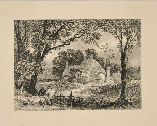 PEASANT DRIVING FLOCK OF SHEEP TO THATCHED FARMHOUSE