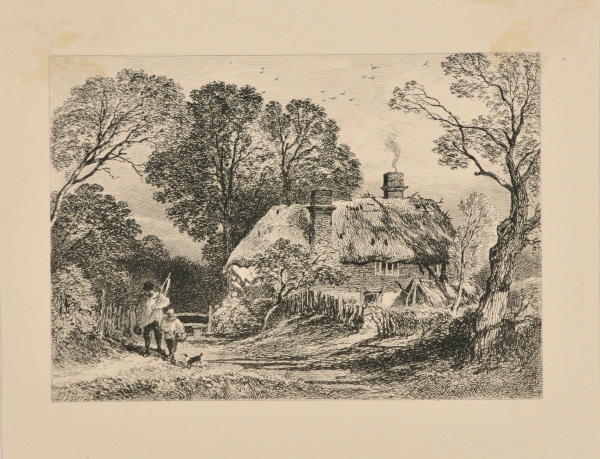 PEASANT AND BOY WITH DOG COMING DOWN ROAD