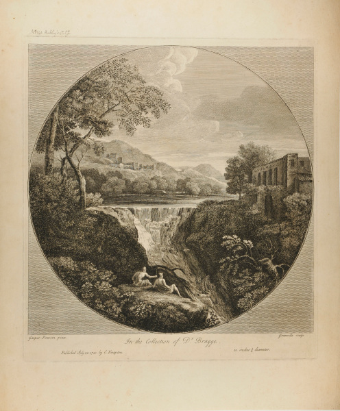LANDSCAPE WITH WATERFALL IN CENTER, TWO FIGURES AT LEFT