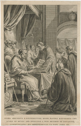 GUIDO ARETINUS A BENEDICTINE MONK, HAVING REFORMED THE SCALE OF MUSIC AND INVENTED A NEW METHOD OF NOTATION, COMMUNICATES HIS IMPROVEMENTS TO POPE JOHN XX