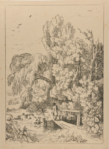 GIRL CROSSING BRIDGE BY WILLOW TREES