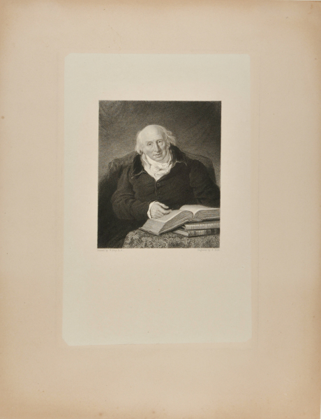 PORTRAIT OF AN OLD MAN SITTING AT A TABLE WITH BOOKS