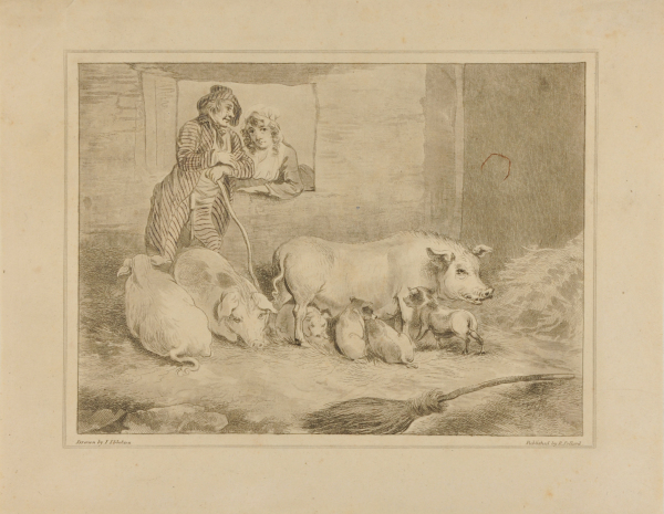 PIG STABLE WITH YOUNG MAN AND WOMAN STANDING AT A WINDOW