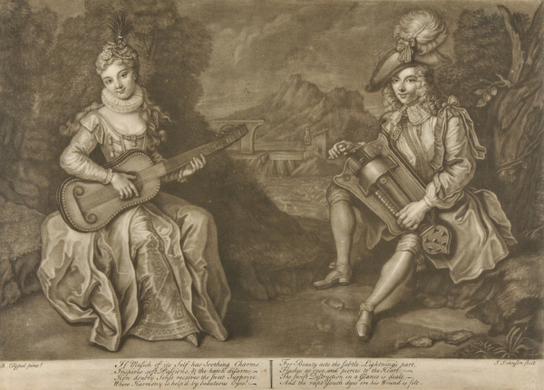LANDSCAPE WITH MAID AND YOUTH PLAYING MUSCIAL INSTRUMENTS IN FOREGROUND