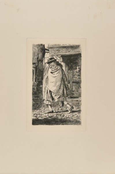 MAN WITH CLOAK AND FLAT HAT WALKING THROUGH A STREET