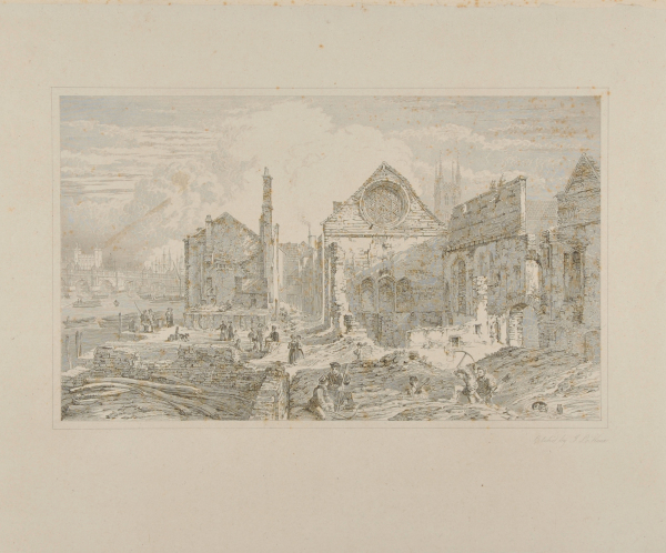 WORKMAN DEMOLISHING A CHURCH BY A RIVER