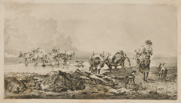 LANDSCAPE, WITH CATTLE FORDING A STREAM