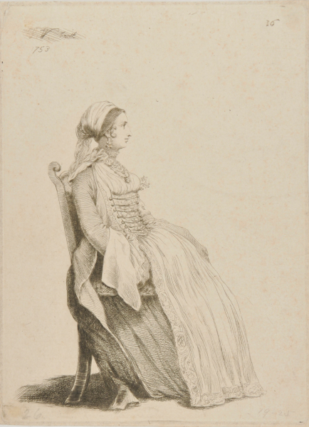 WOMAN, SITTING IN A CHAIR, TURNED TO RIGHT