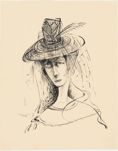 WOMAN WEARING A FEATHER VEIL HAT
