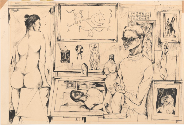 MODEL IN THE STUDIO WITH VARIOUS PICTURES AND SCULPTURES