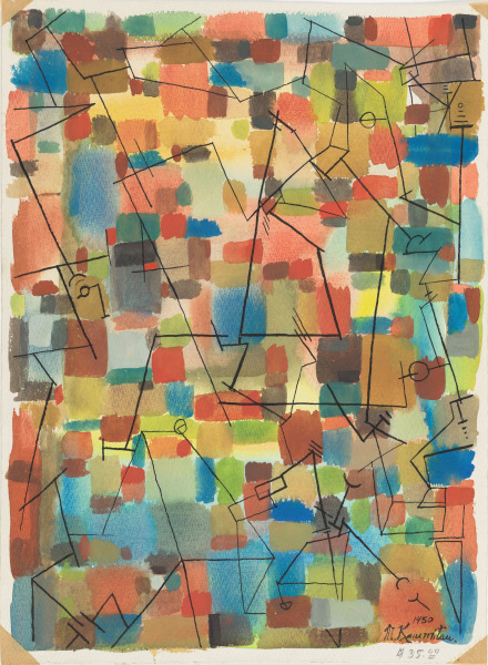 ABSTRACT COMPOSITION WITH BRUSHSTROKE SQUARES OF COLOR AND BLACK SYMBOL LINES