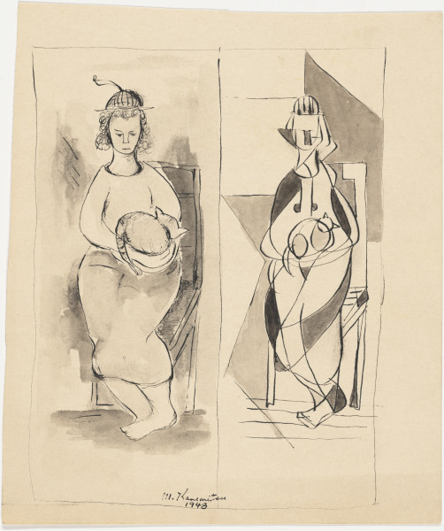 WOMAN HOLDING A CAT RENDERED NATURALISTICALLY AND GEOMETRICALLY IN HALVED COMPOSITION