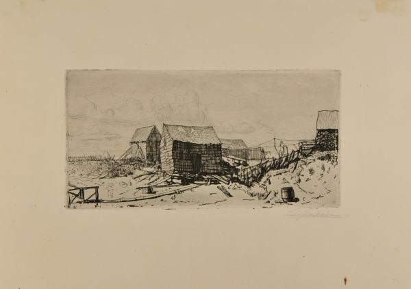 FISHERMEN'S HUTS, WITH WOMAN AND GIRL