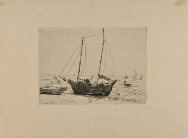 MARINE WITH TWO-MASTED VESSEL IN FOREGROUND