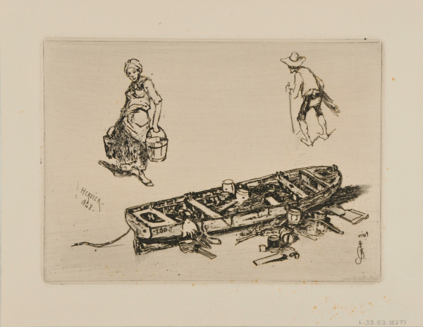 THREE SKETCHES: BOAT, WOMAN HOLDING TWO BUCKETS, A MAN IN BROAD-BRIMMED HAT