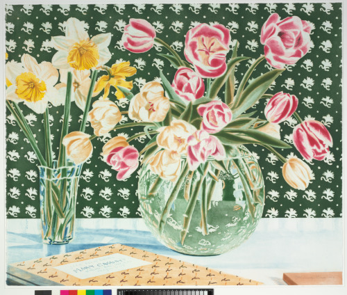 GREEN WALLPAPER, TULIPS AND DAFFODILS
