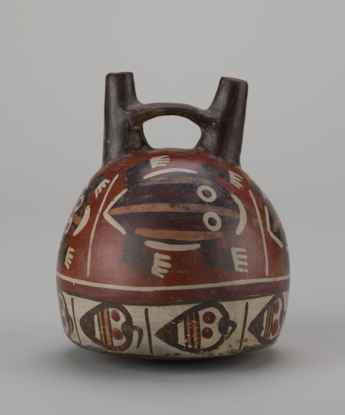 Double-Spout Bottle Decorated with Striped Frogs and Lúcuma Fruit
